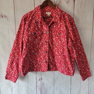 Christopher & Banks 100% Cotton Floral Denim Jean Jacket Women’s L, Red/Pink